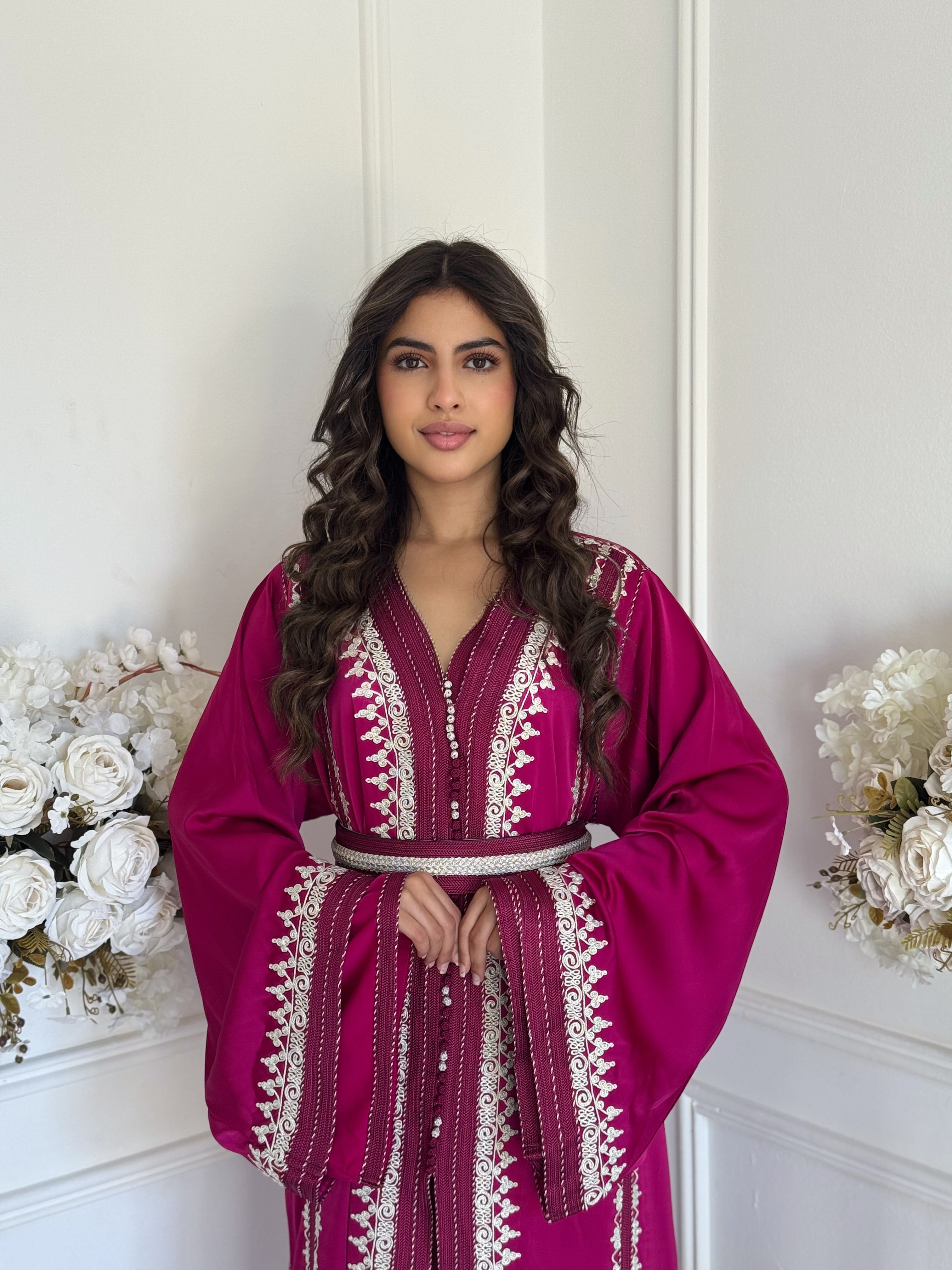 “Full view of Takchita Nabila — elegant magenta Moroccan takchita perfect for weddings and Eid celebrations.”