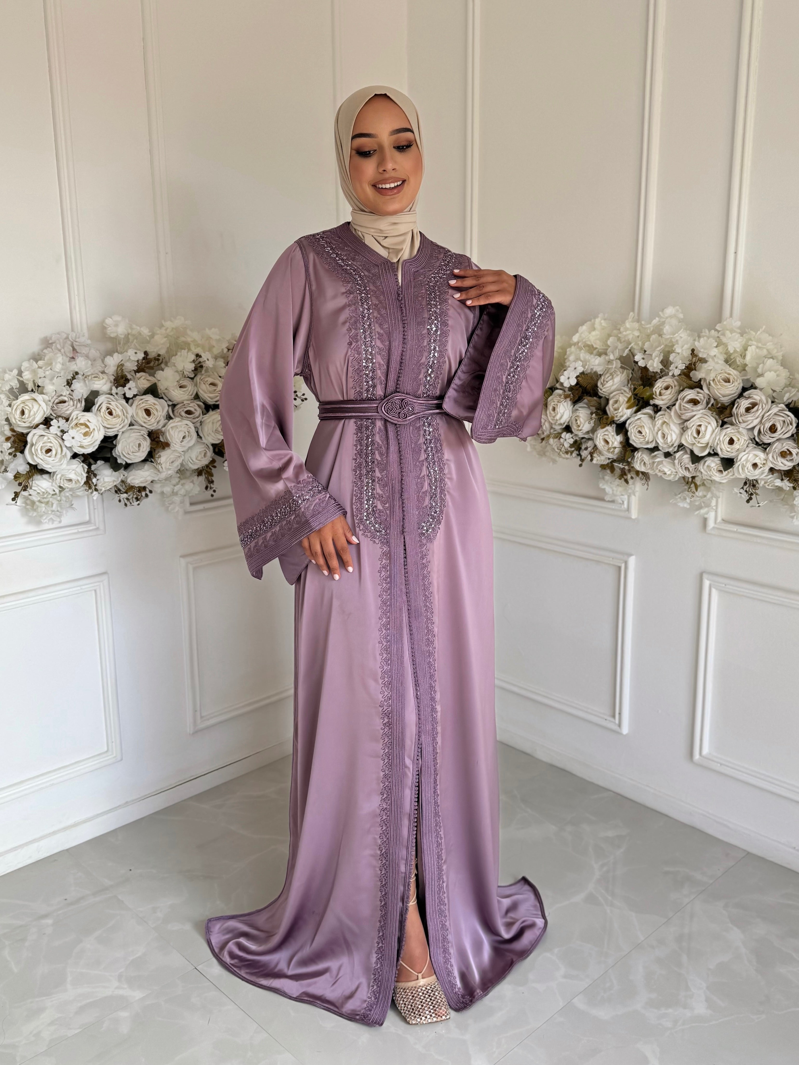 Full-length view of Takchita Basma – two-piece lavender takchita made from silky drap de soie.”