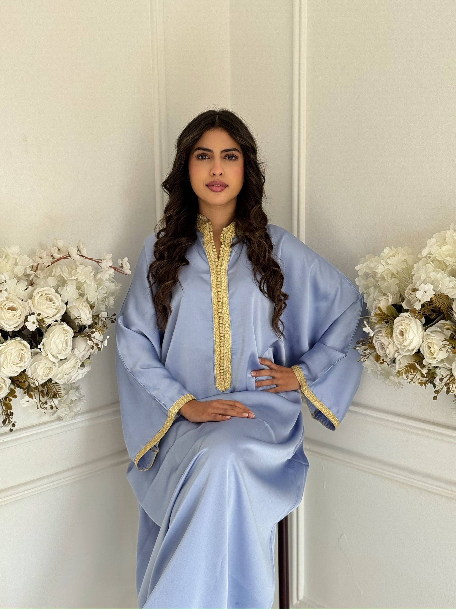 Full-length view of Gandoura Abida in drap de soie fabric with golden detailing.