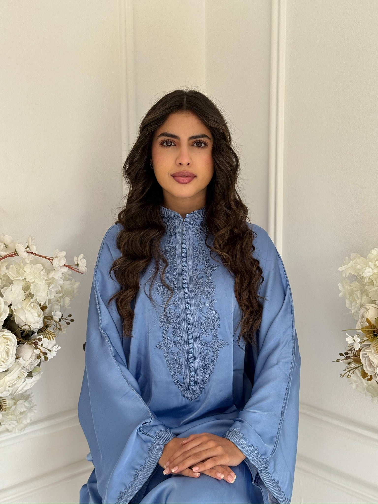 Full-length view of Gandoura Zoulaykha with fine embroidery and flowing silhouette.”