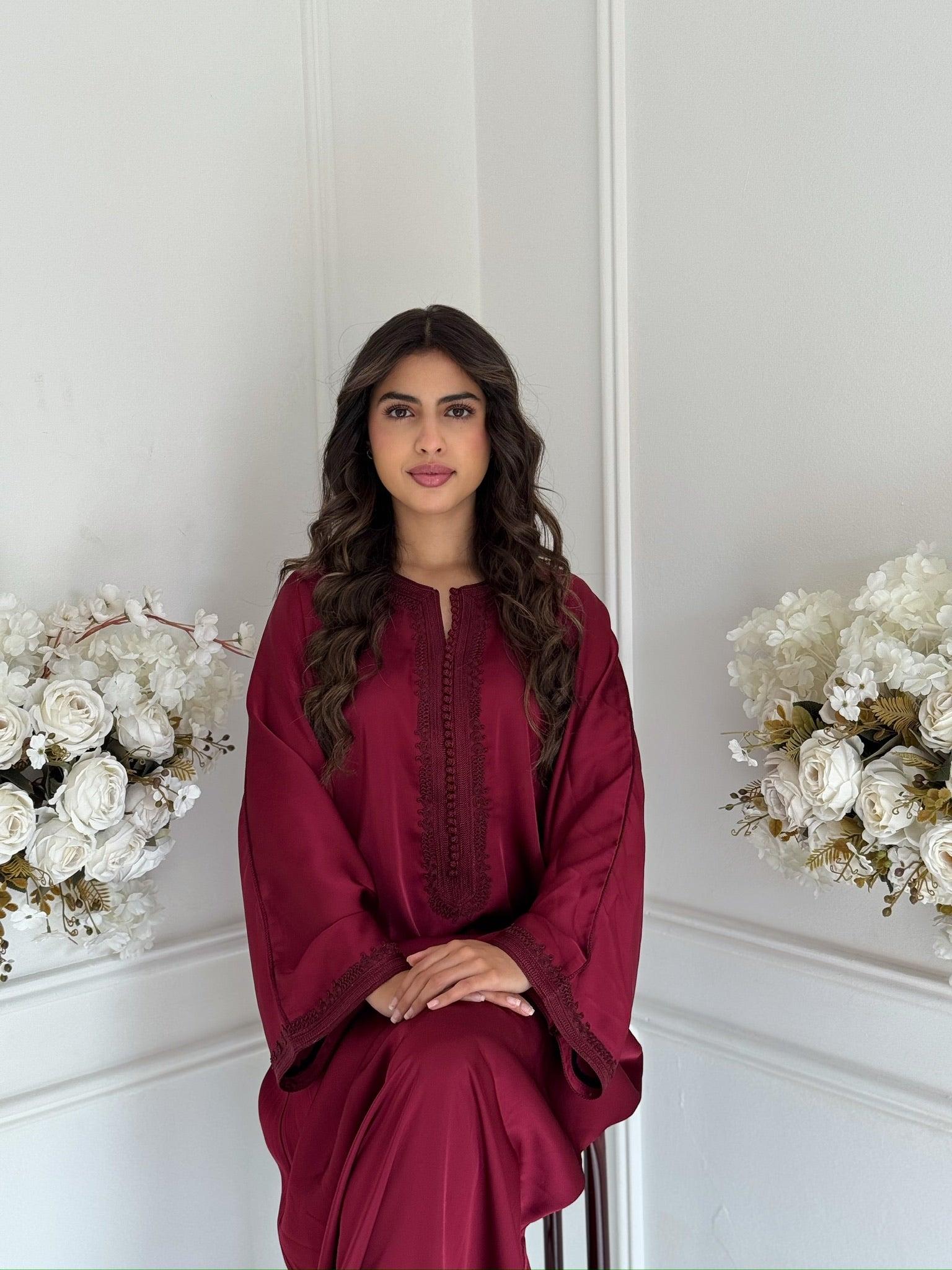 Full-length view of Gandoura Sonia with detailed embroidery and flowing design.