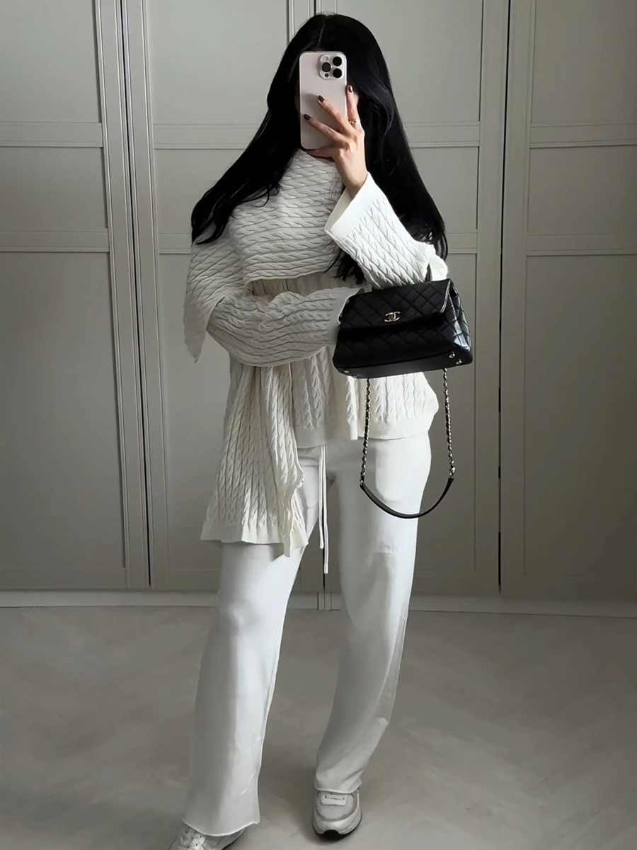 Mila 3-piece wool set in white featuring sweater, scarf and trousers