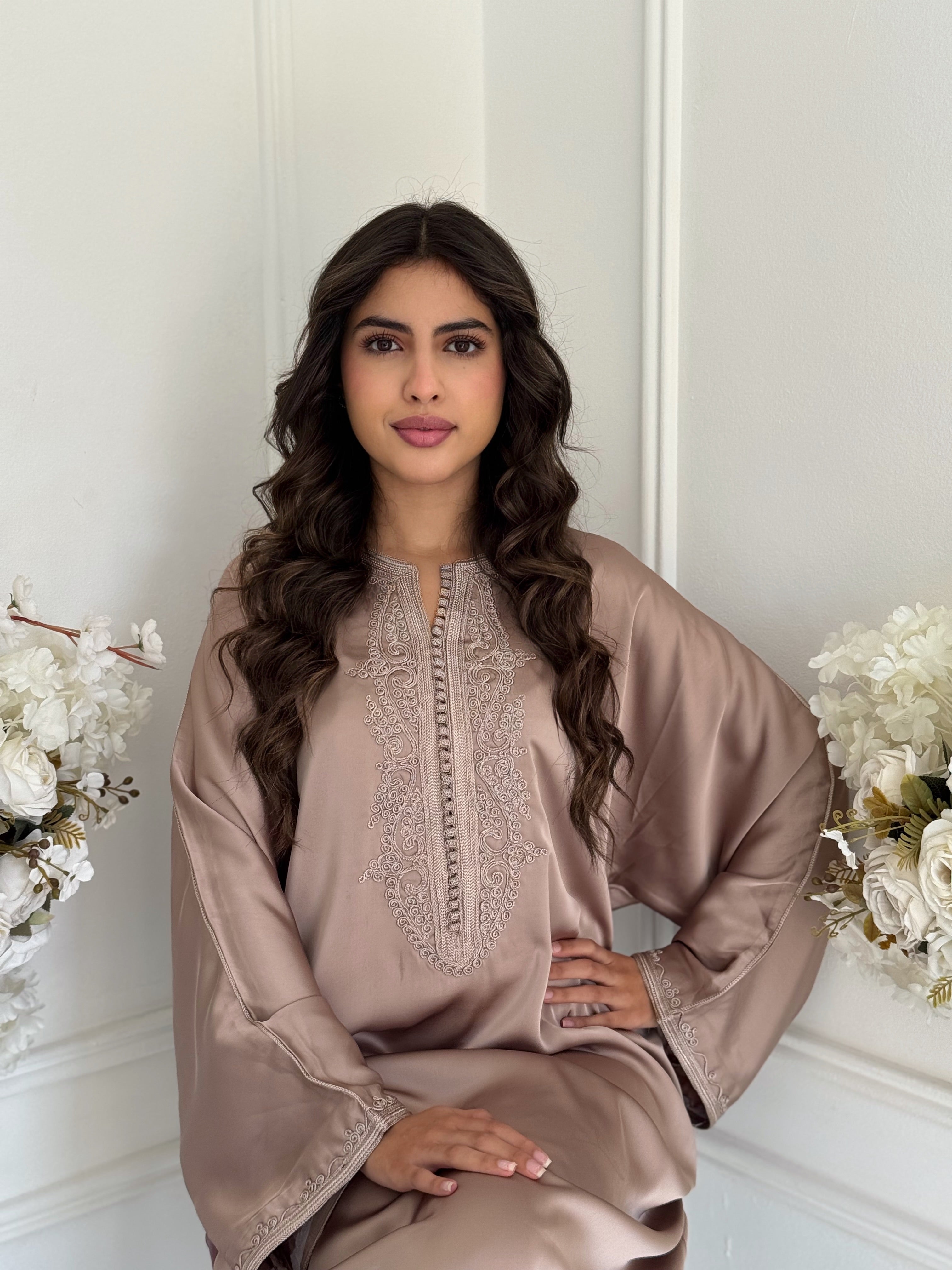 Model in Gandoura Ritaj Moroccan satin caftan handmade by Imane Belhaj.