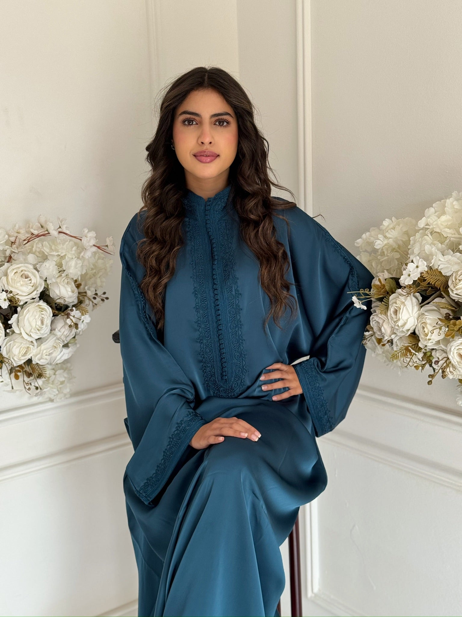 “Full-length view of Gandoura Hasiba with delicate embroidery and flowy silhouette.”