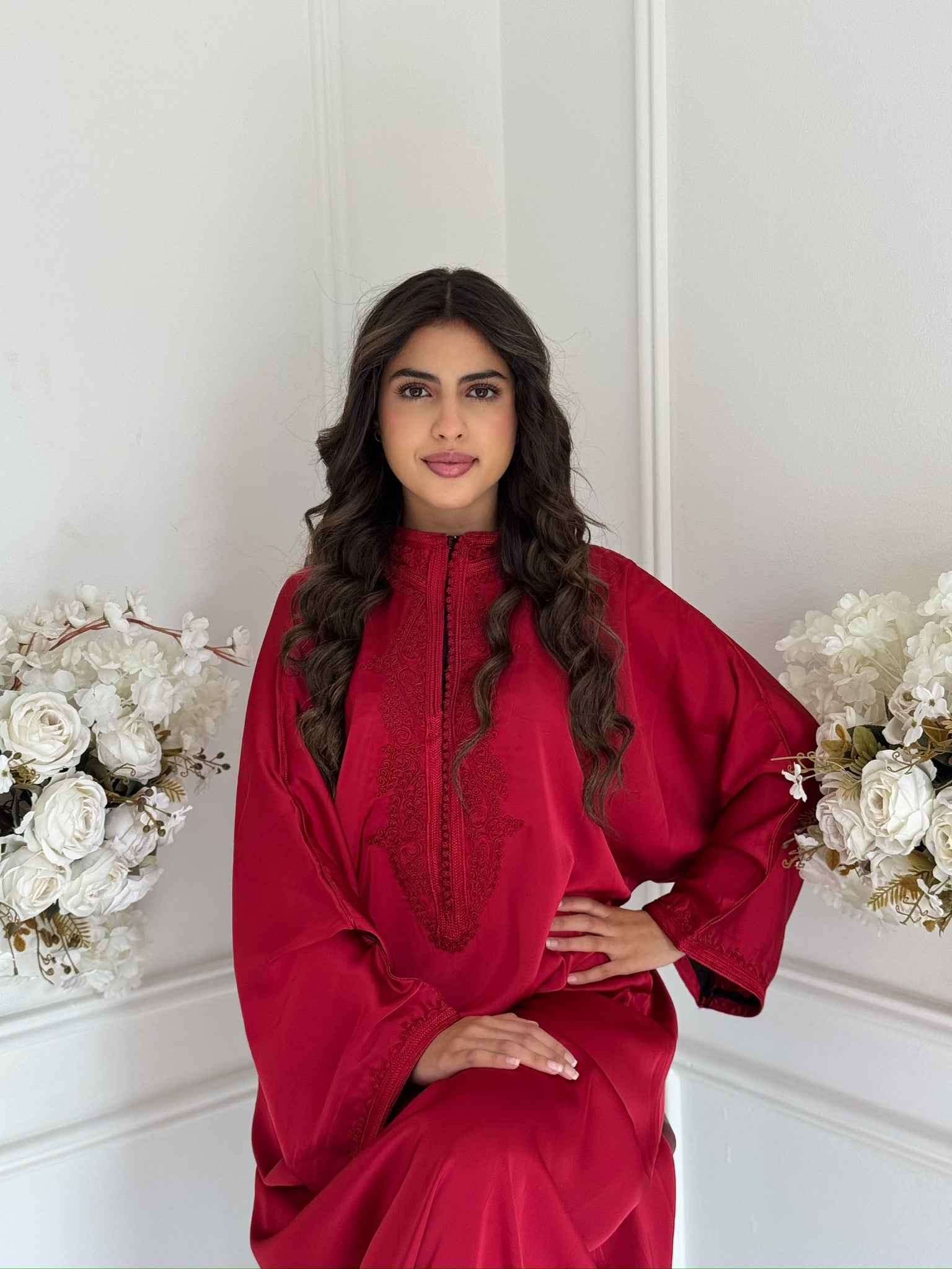 Close-up of Gandoura Mim embroidery and Moroccan craftsmanship.