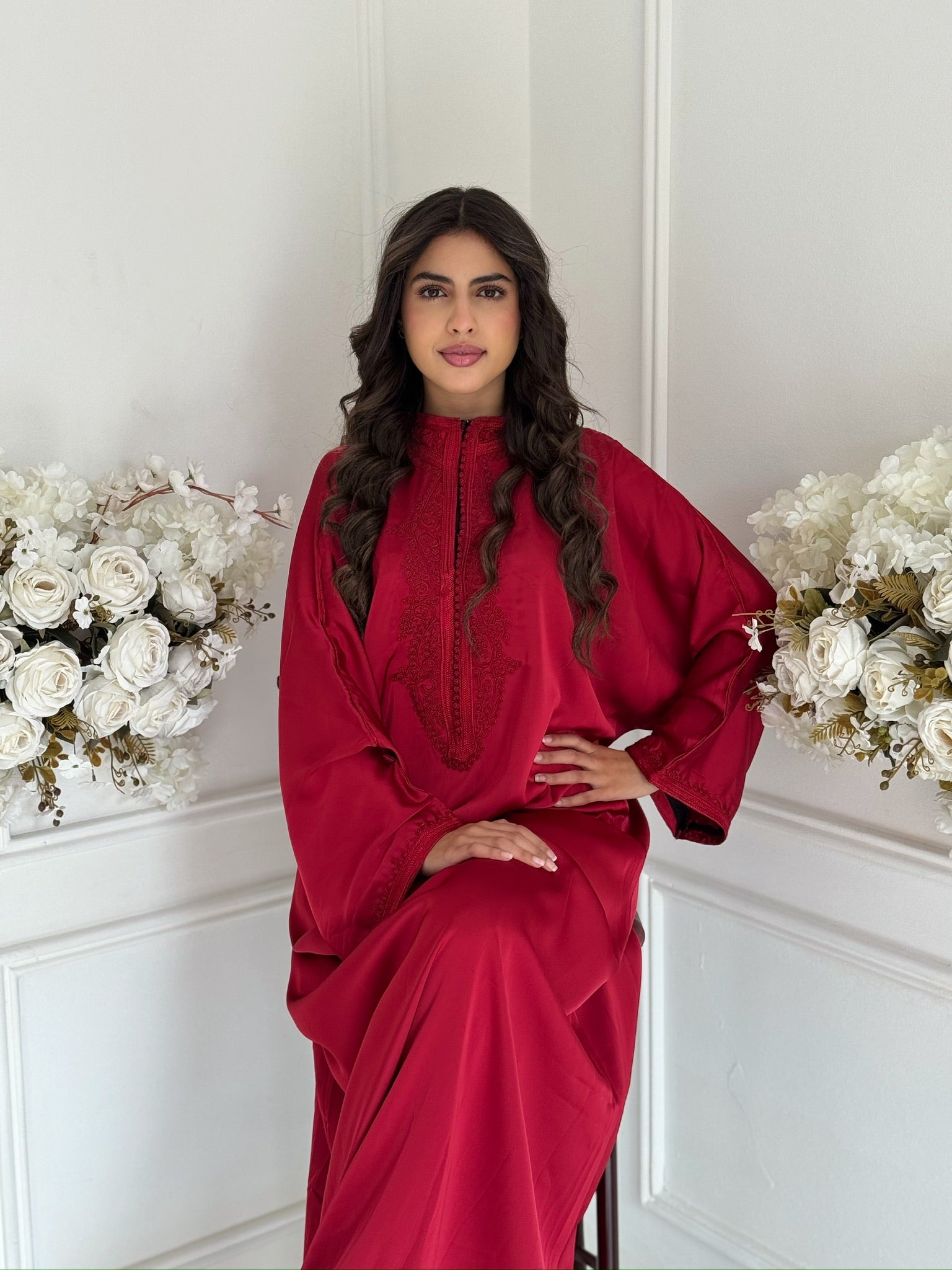 Full view of Gandoura Mim Moroccan satin caftan by Imane Belhaj.
