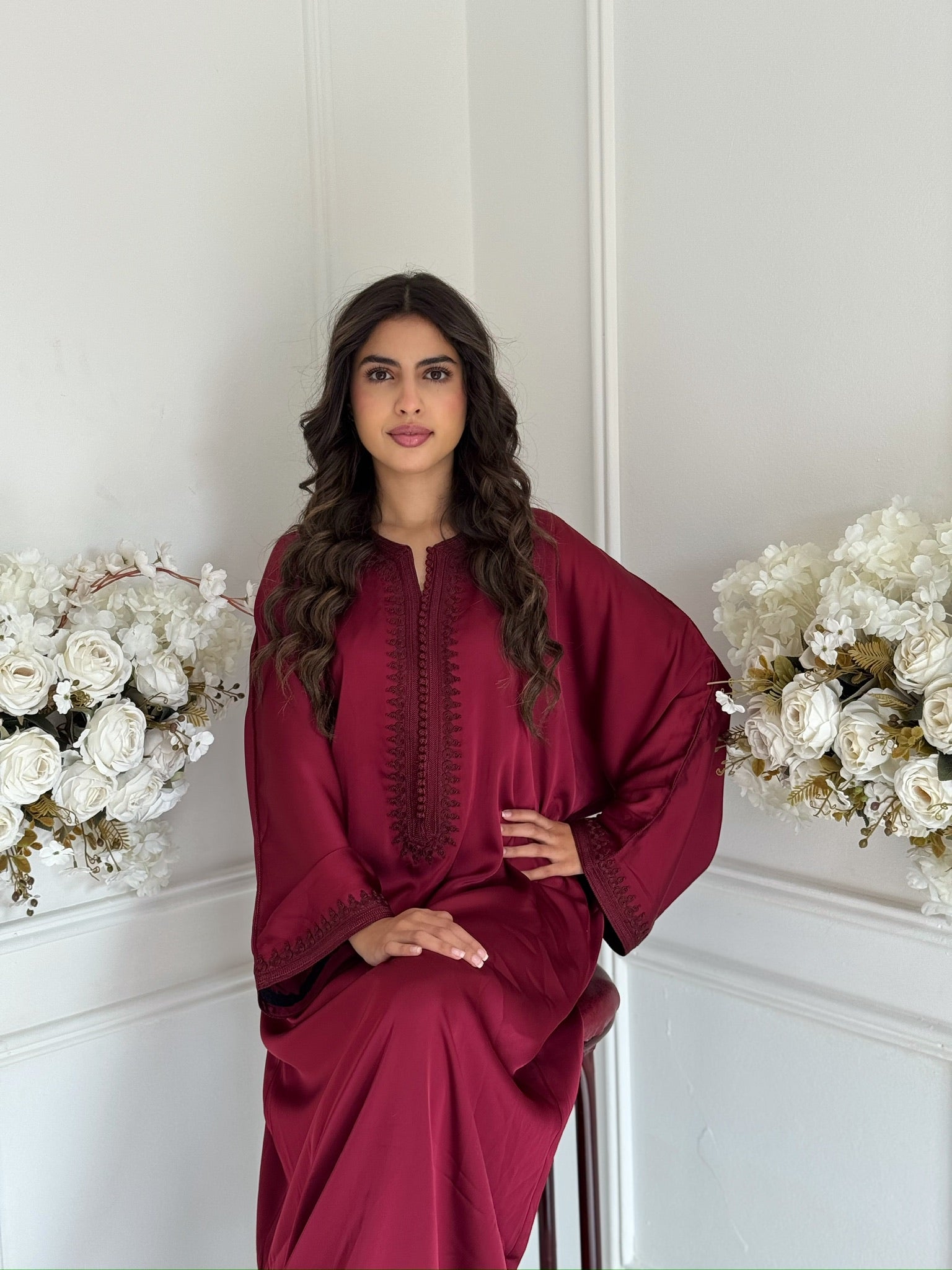 Full-length view of Gandoura Miral with delicate embroidery and modest silhouette.”