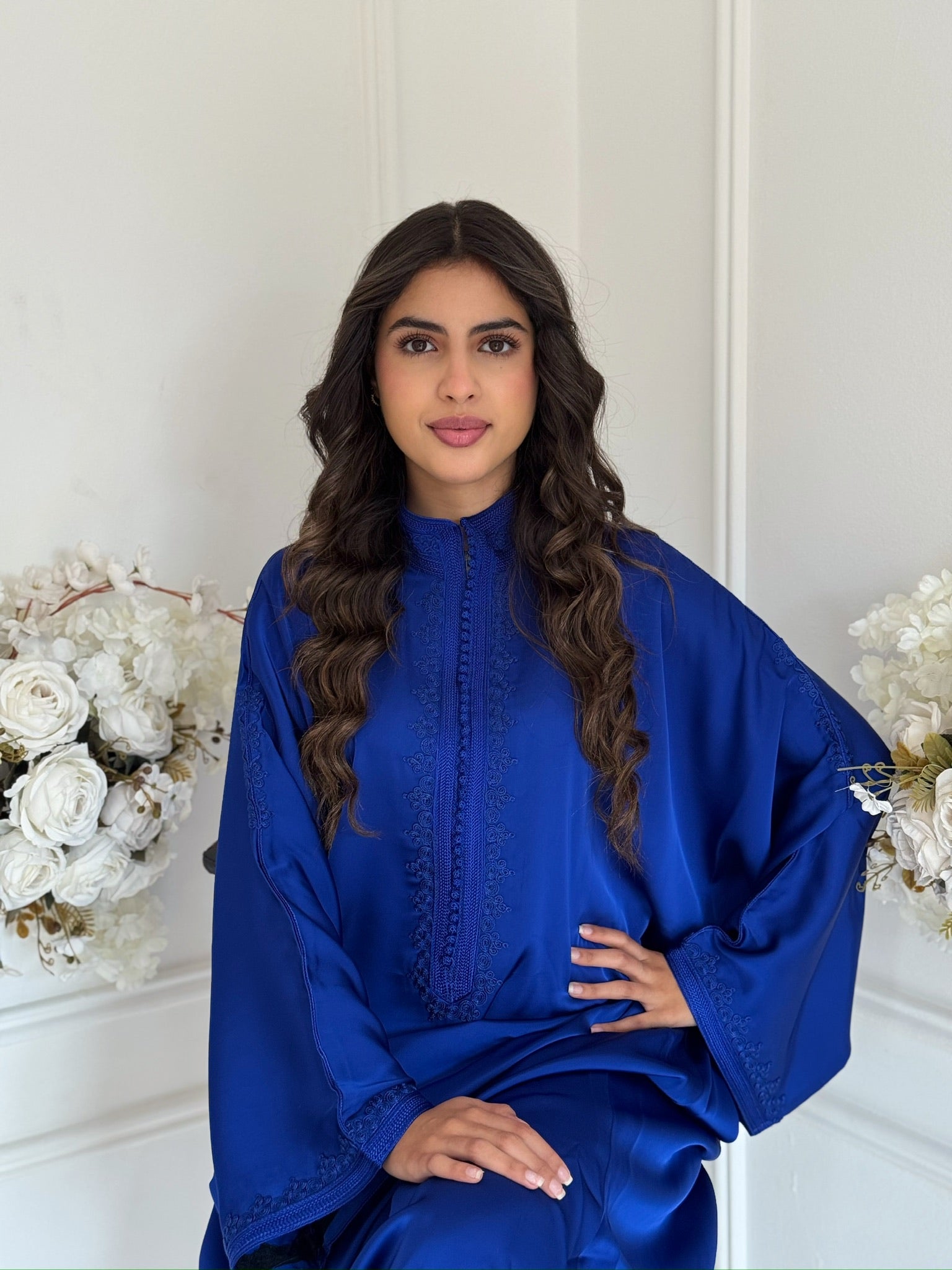 Model wearing Gandoura Senna Moroccan silk caftan by Imane Belhaj.