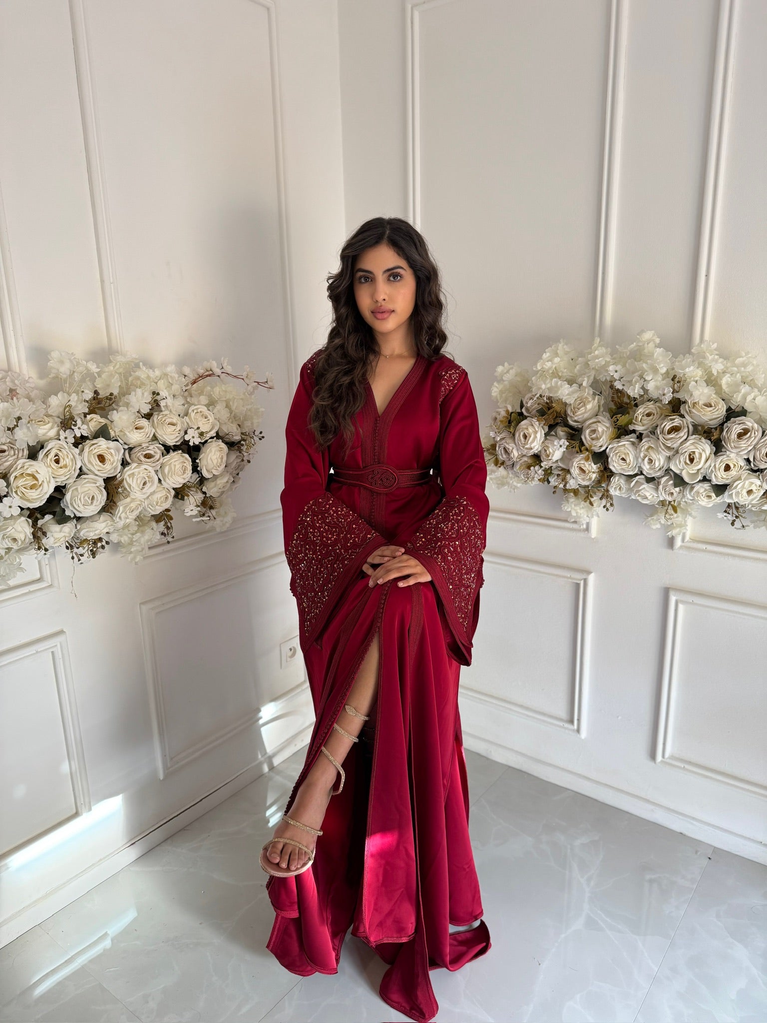 Elegant red drap de soie Moroccan takchita for weddings and events