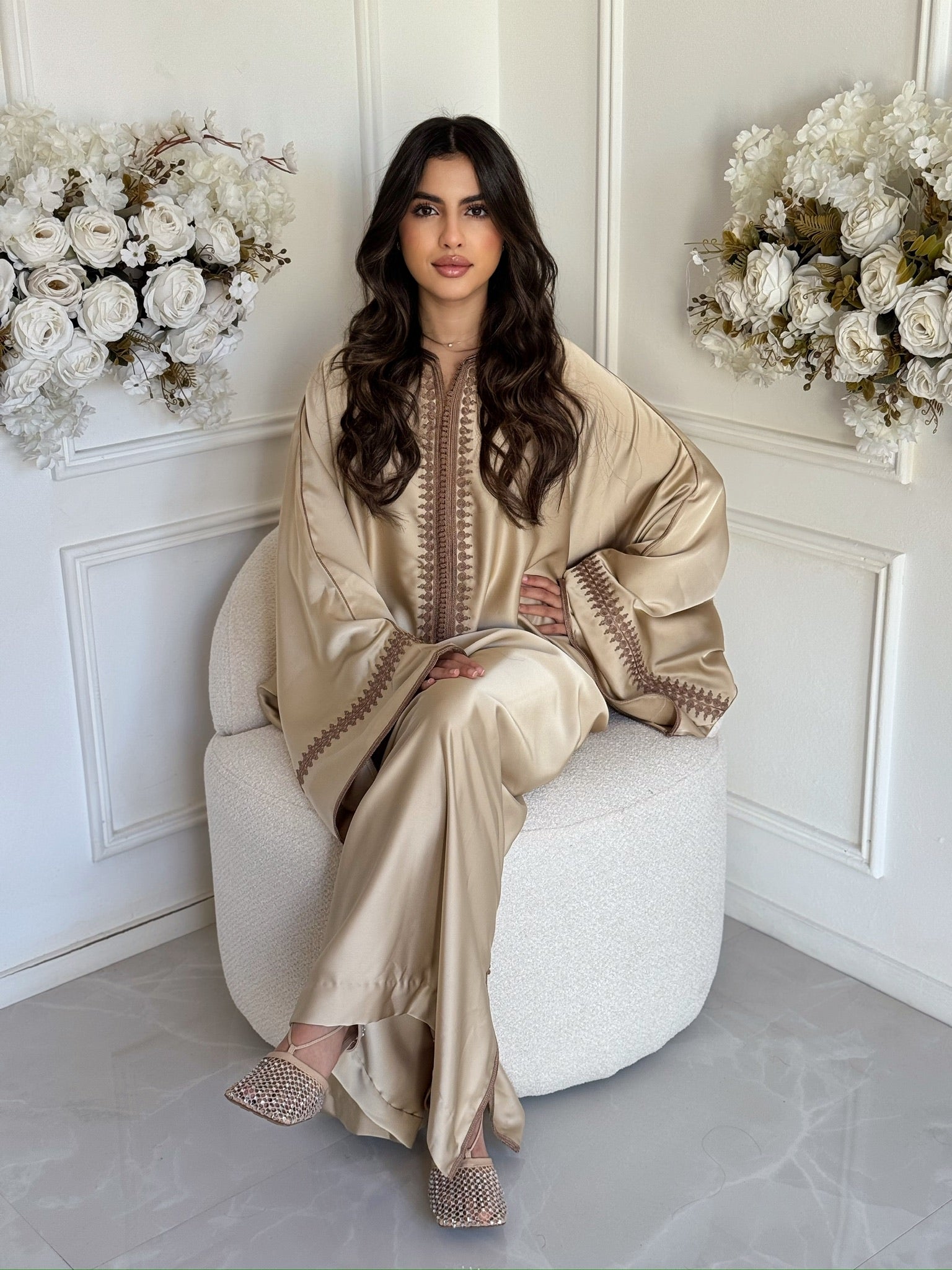 Full view of champagne gold Moroccan gandoura with elegant embroidery details