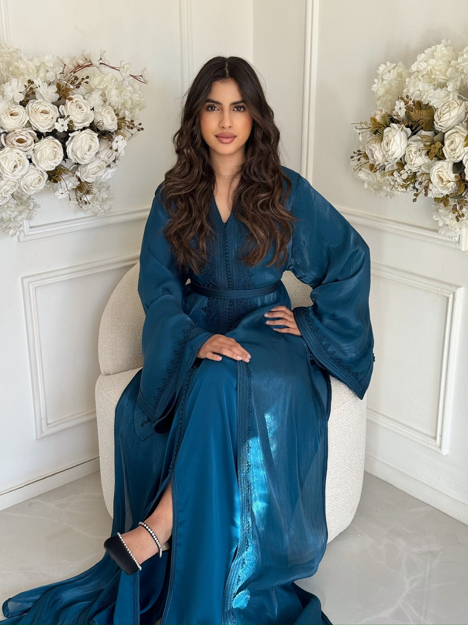 Full-length deep blue takchita with subtle shine and elegant detailing
